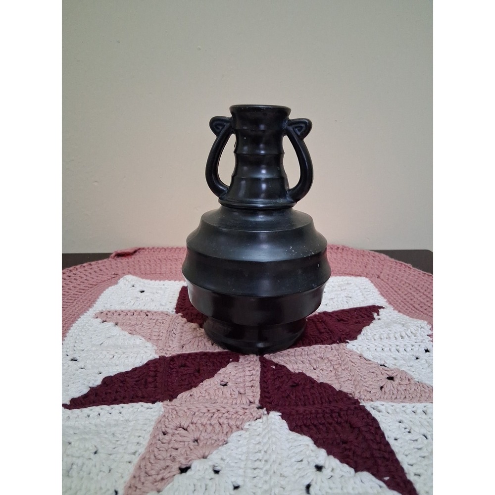 Art Deco Black Glass Handled Vase Urn Beehive Bottle